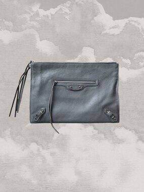 BALENCIAGA Classic City Grey Leather Giant 12 Sh Edge Zip Pouch Clutch